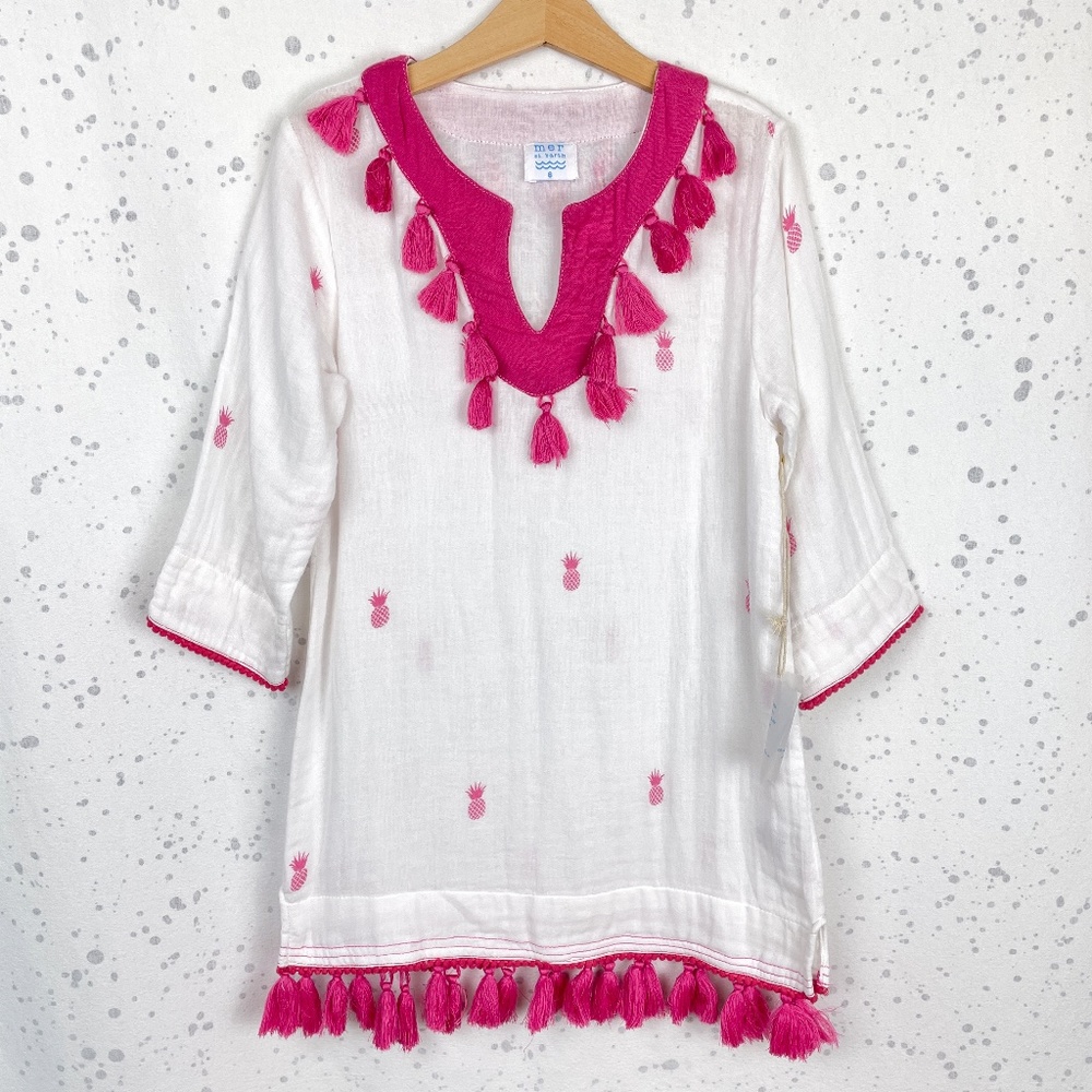 Girls White Tunic Top with Pink Tassel Trim